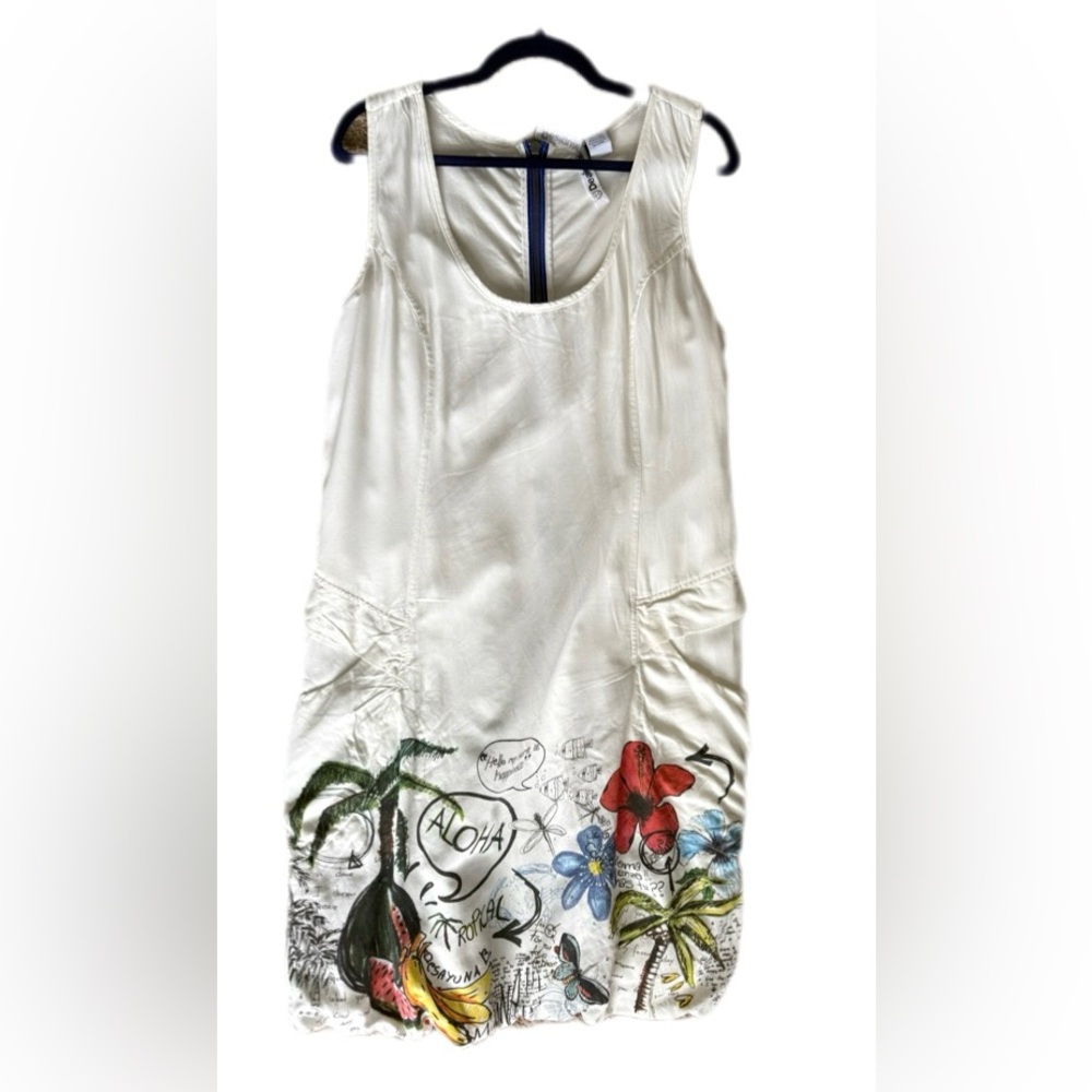 NWT Disigual White sleeveless Bubble Hem Graphic Print Resort Cruise Dress